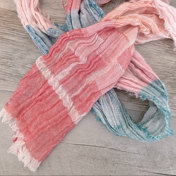 Asian Eye Crinkled Cotton Fringe Skinny Scarf Multicolor Pastel 7”x70” - Picture 4 of 6